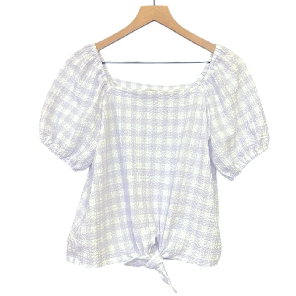 Loft Gingham Square Neck Tie Front Puff Sleeve Lilac White Top XS